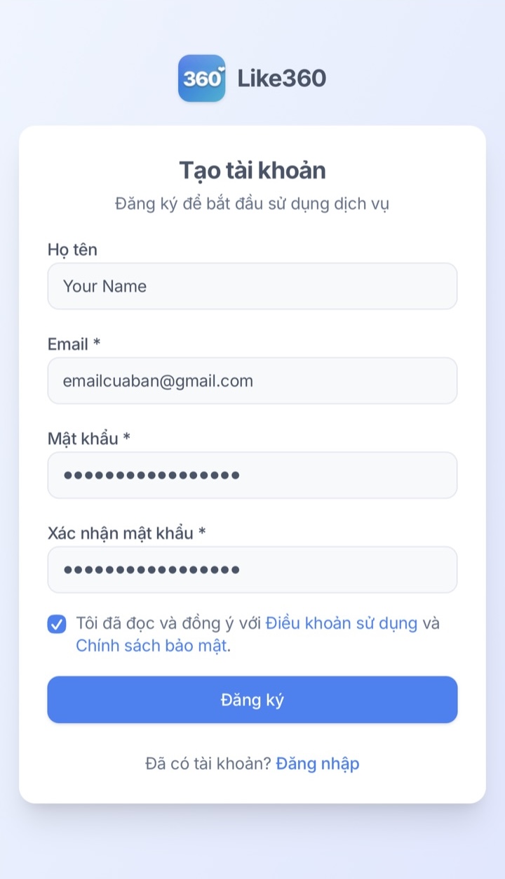 Biểu mẫu tạo tài khoản Like360 với họ tên, email, mật khẩu