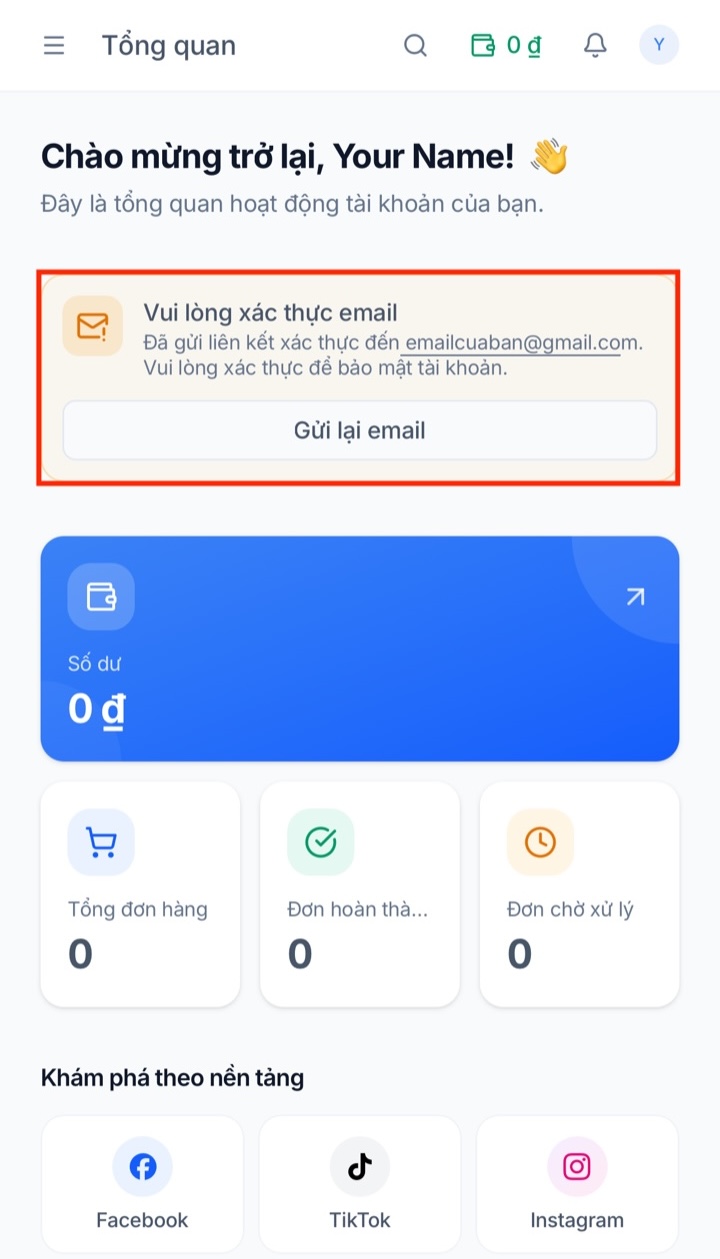 Thông báo nhắc xác thực email trên trang Tổng quan Like360