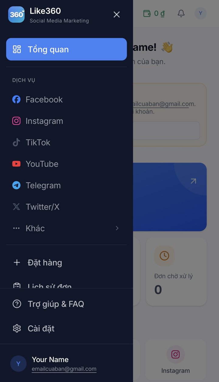 Menu chọn nền tảng (Facebook, TikTok, Instagram…) trên Like360