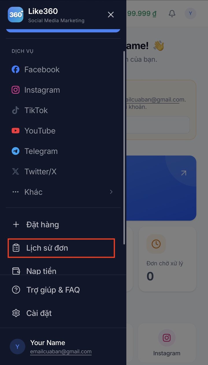 Mở menu và chọn Lịch sử đơn trên Like360