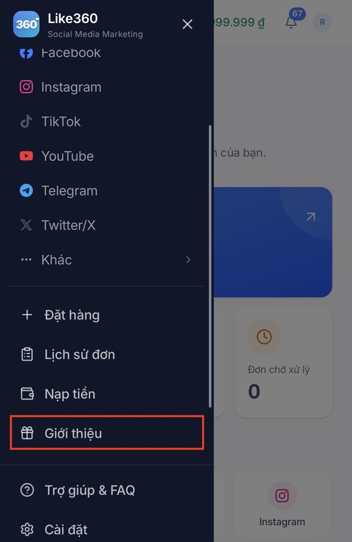 Mở menu và chọn Giới thiệu trên Like360