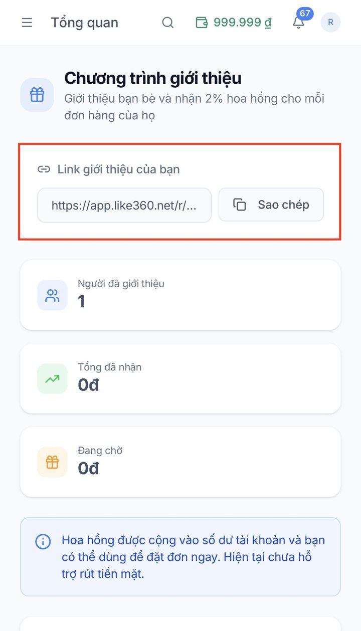 Trang Chương trình giới thiệu với link và thống kê trên Like360