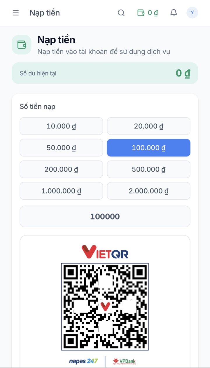 Trang Nạp tiền Like360 với các mức số tiền và mã VietQR